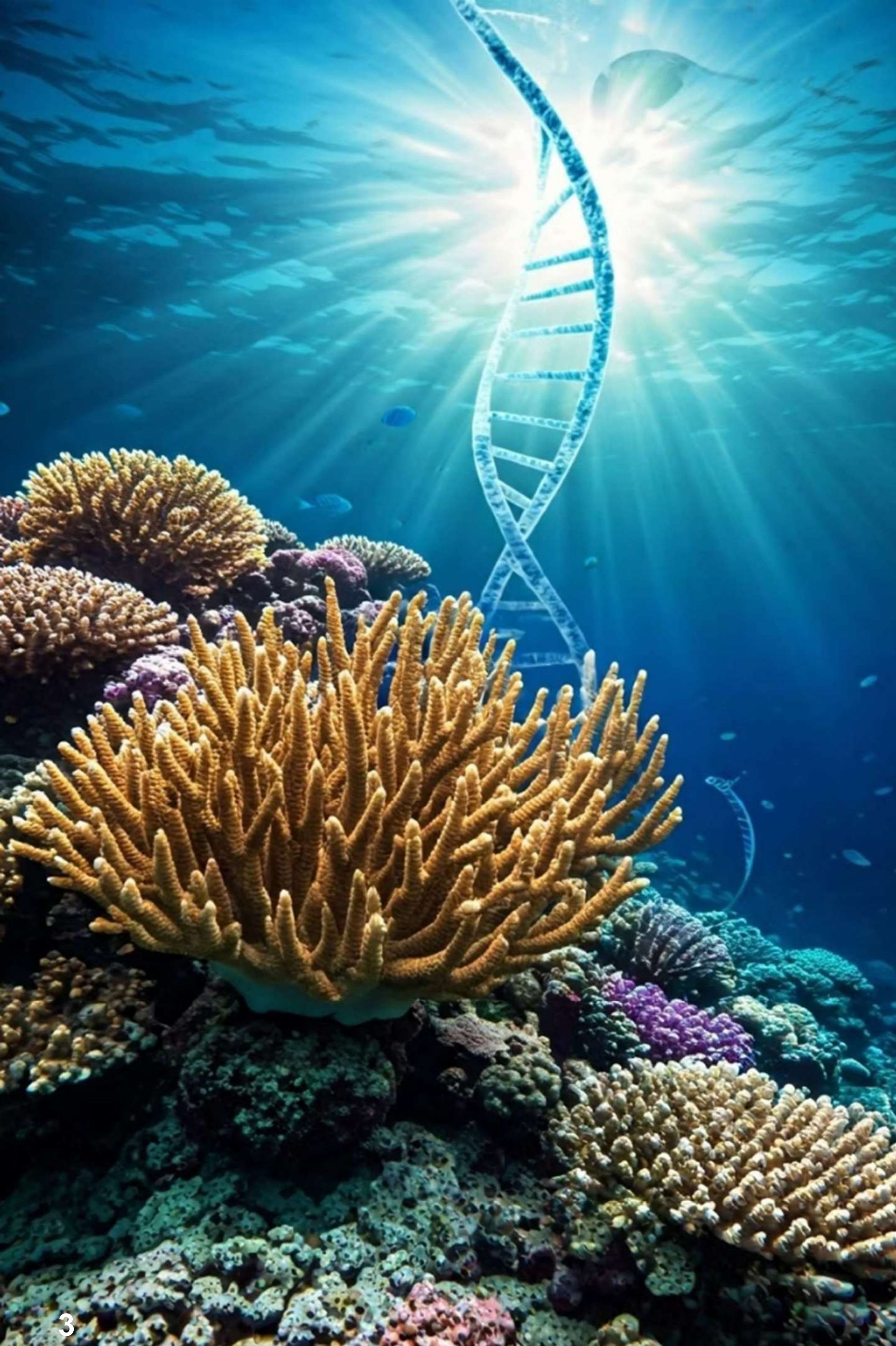 Coral reef with DNA helix overlay